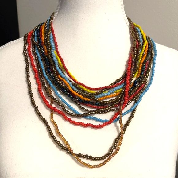 Multi Strand Seed Beads Necklace Multicolored Cascade Ethnic Boho Necklace - Picture 1 of 9